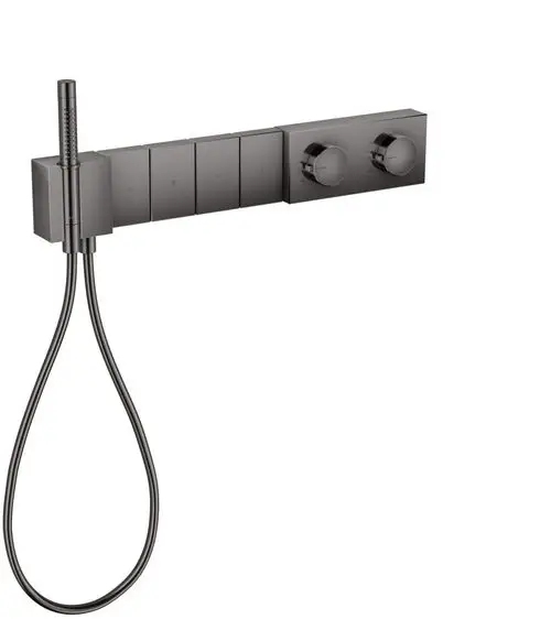 Thermostatmodul der Marke AXOR in mattem Schwarz mit zwei Bedienelementen und einer Handbrause. Geeignet für den Unterputz und zur Steuerung mehrerer Verbraucher.